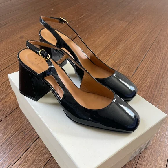 Sezane Black Patent Slingback Block Heel Pumps - Picture 5 of 7